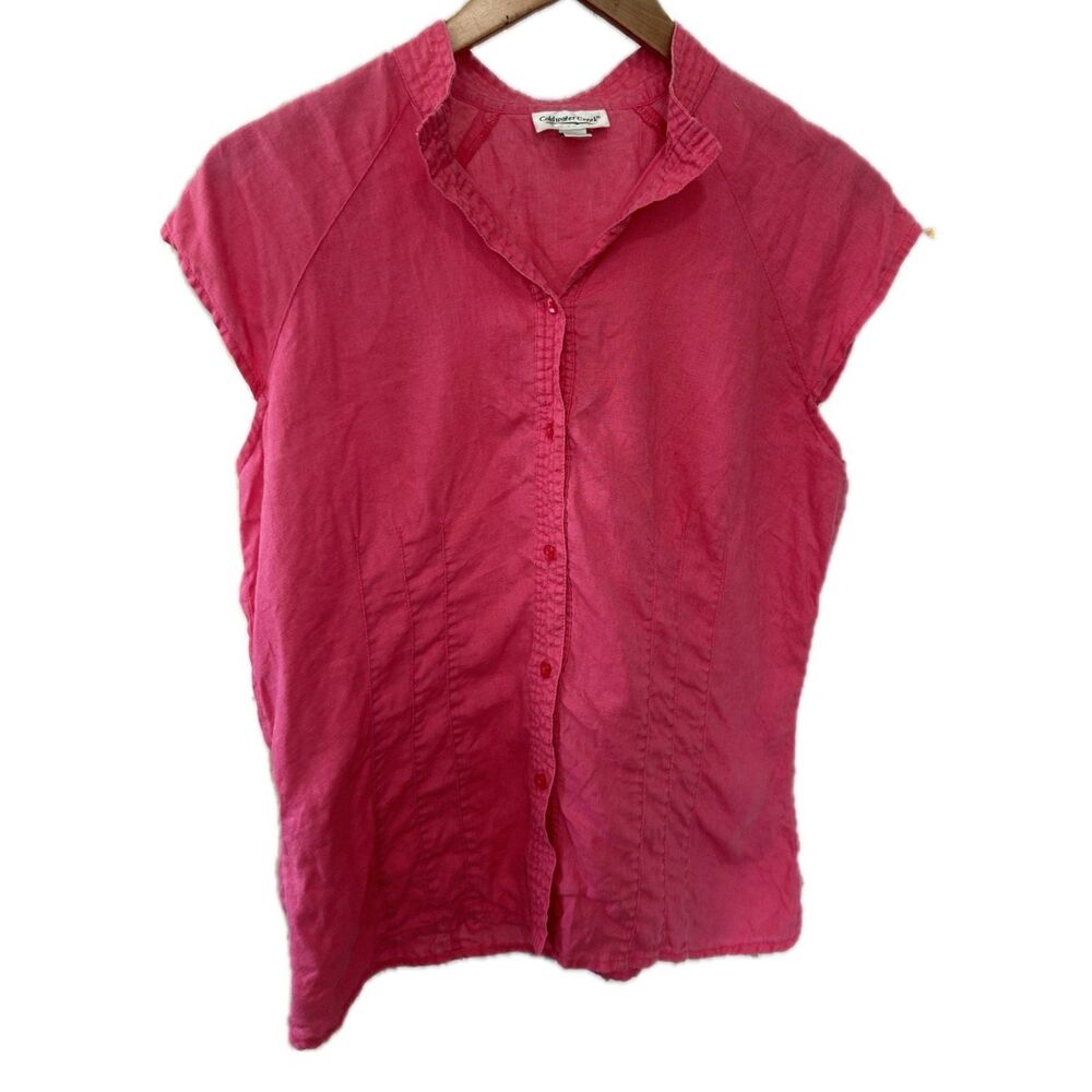 Coldwater Creek 100% Linen Pink Button Down Collar Shirt Blouse Petite M